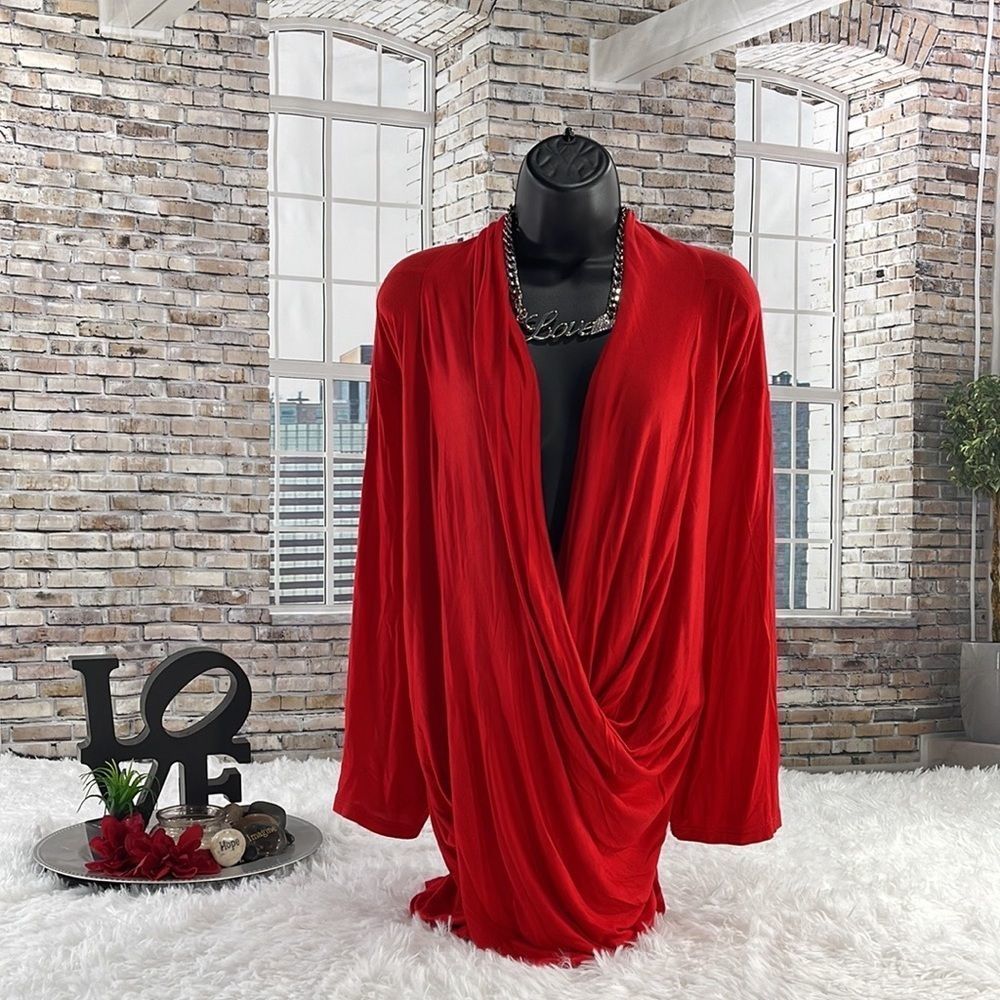 Women’s Ashley Stewart Red Classy V Neck Flowy Long Sleeve Blouse (26) DX23